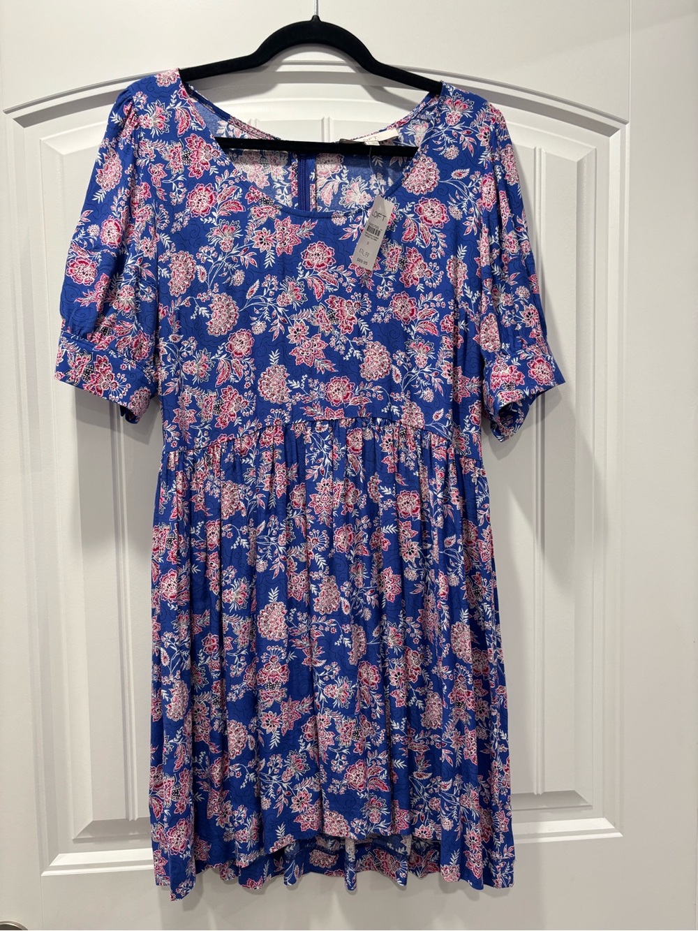 NWT LOFT Blue Floral Midi Dress with Pink & White Print